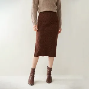 Lady Cashmere Knit Midi Skirt High Waist Textured Ribbed Sheath Dress