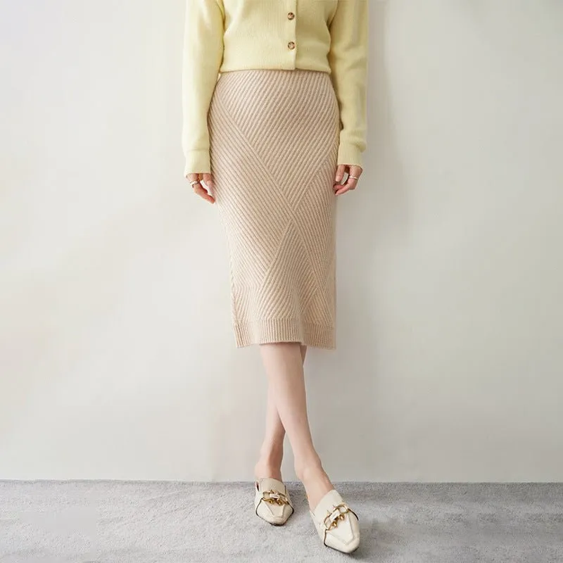 Lady Cashmere Knit Midi Skirt High Waist Textured Ribbed Sheath Dress