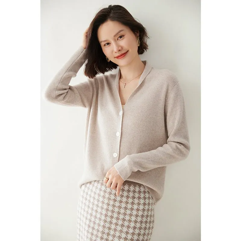 Lady Minimalist V-Neck Cashmere Cardigan Button-Up Front Cashmere Coat
