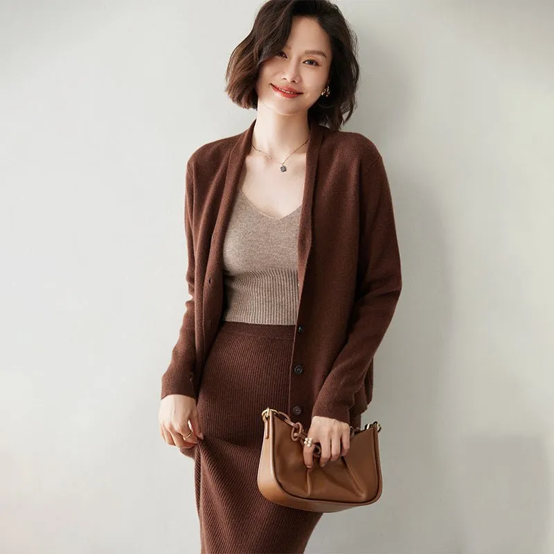 Lady Minimalist V-Neck Cashmere Cardigan Button-Up Front Cashmere Coat