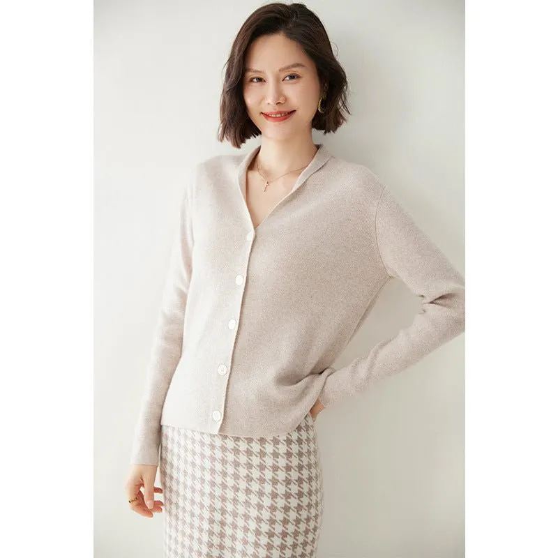 Lady Minimalist V-Neck Cashmere Cardigan Button-Up Front Cashmere Coat