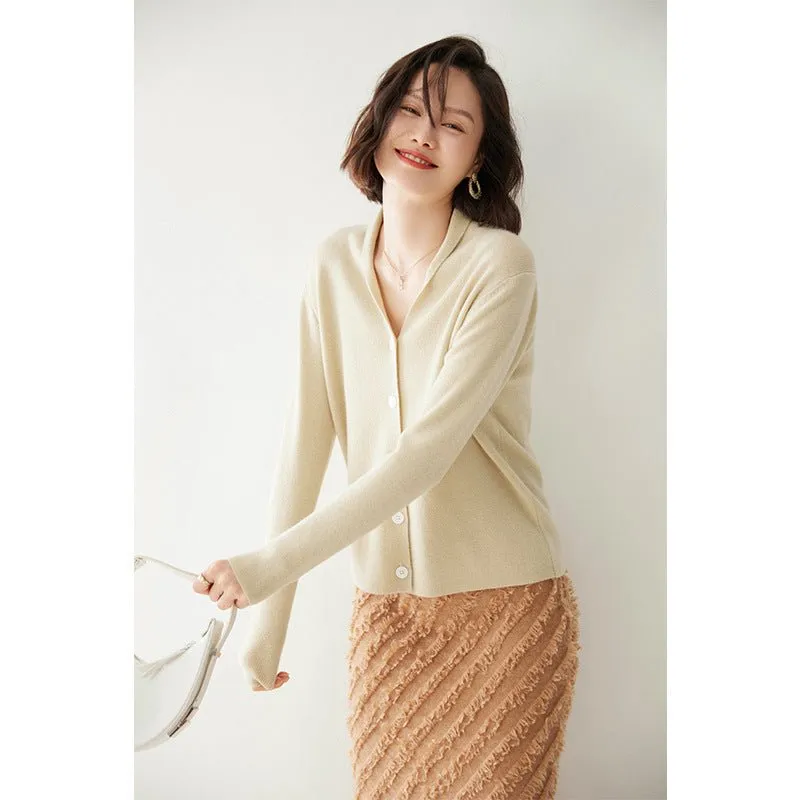 Lady Minimalist V-Neck Cashmere Cardigan Button-Up Front Cashmere Coat