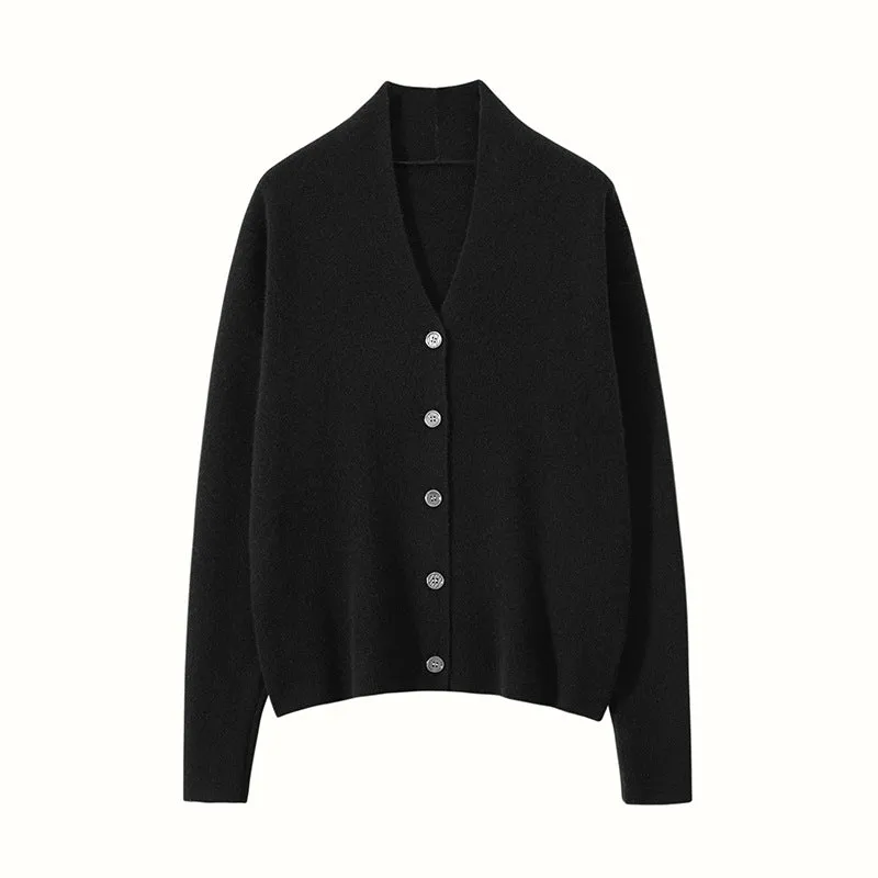 Lady Minimalist V-Neck Cashmere Cardigan Button-Up Front Cashmere Coat