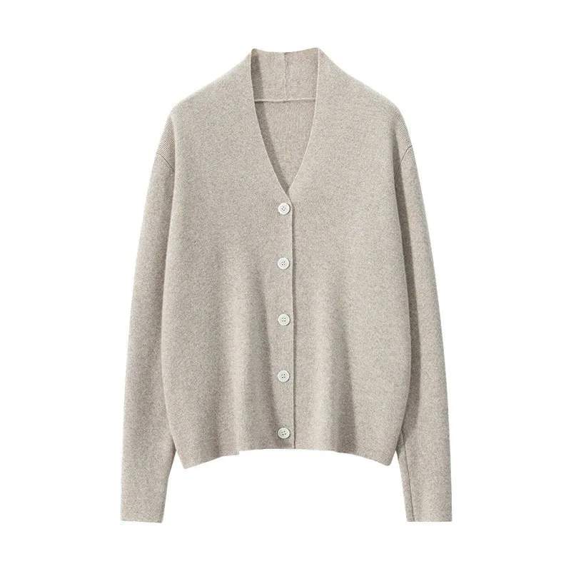 Lady Minimalist V-Neck Cashmere Cardigan Button-Up Front Cashmere Coat