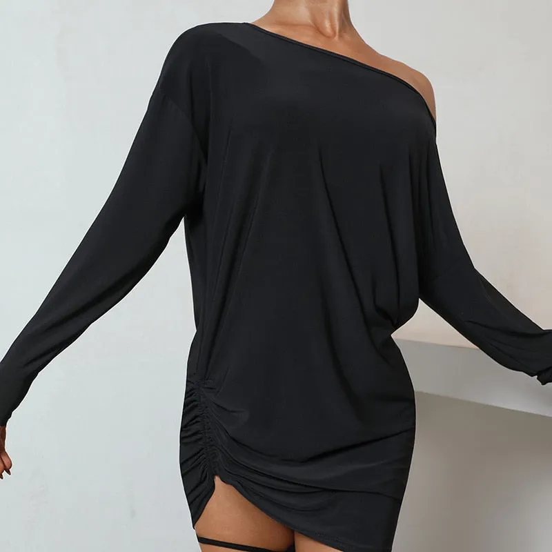 Latin Dance Dresses New Drawstring Black Long Sleeve Loose Dress