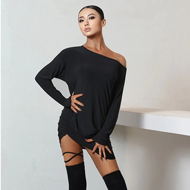 Latin Dance Dresses New Drawstring Black Long Sleeve Loose Dress