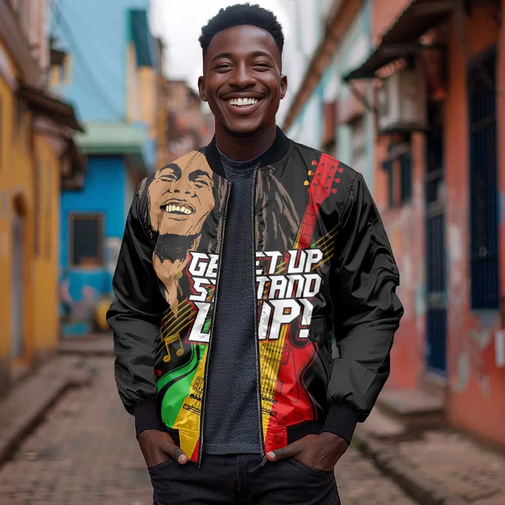 Legend Bob Get Up Stand Up Bomber Jacket Black Jamaican Reggae Multicolored LT9