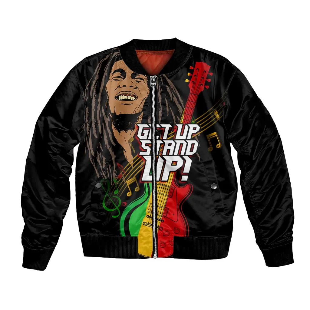 Legend Bob Get Up Stand Up Bomber Jacket Black Jamaican Reggae Multicolored LT9