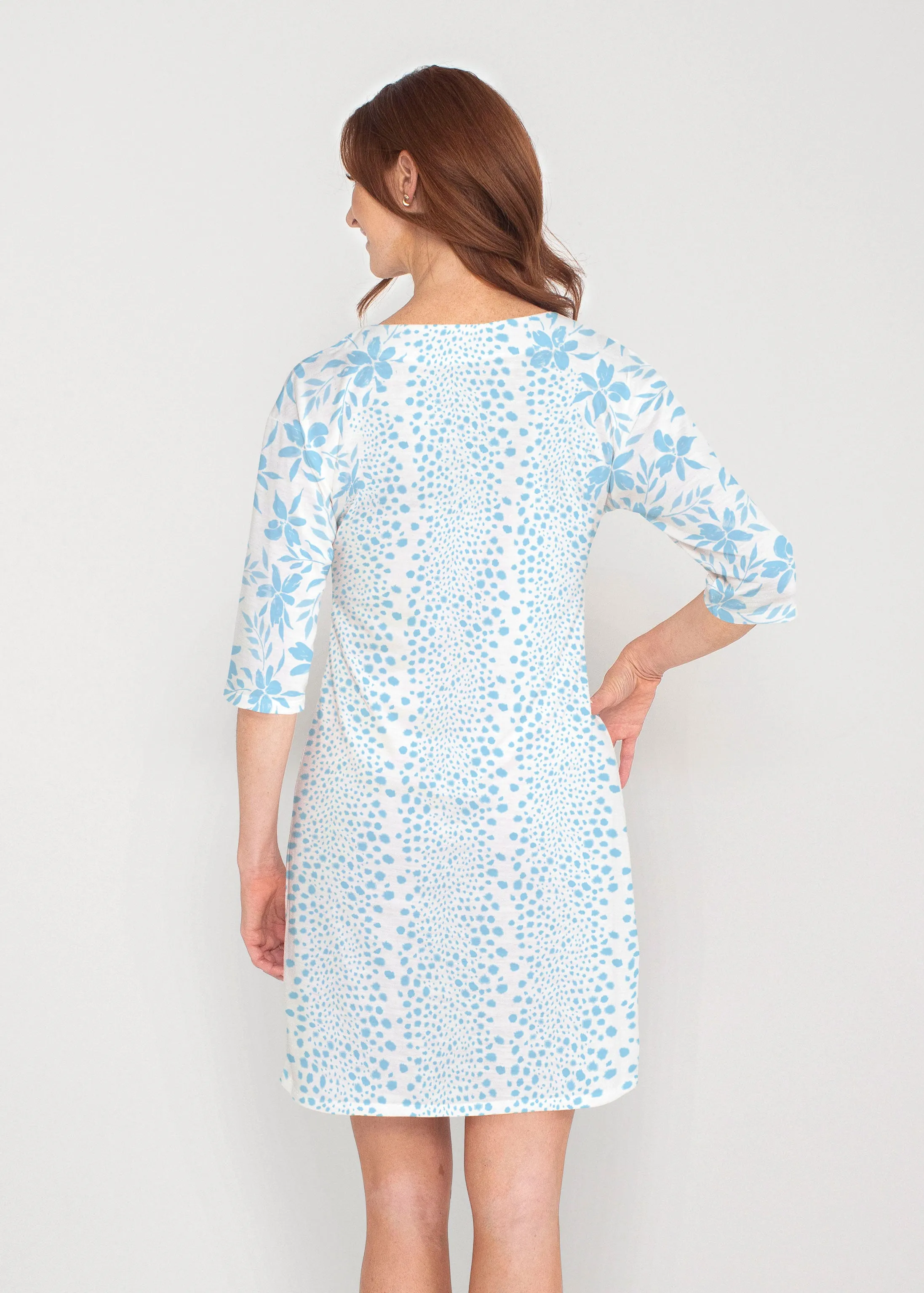 Leopard Rose Aqua (8028) ~ Drop Shoulder 3/4 Sleeve V-Neck Dress