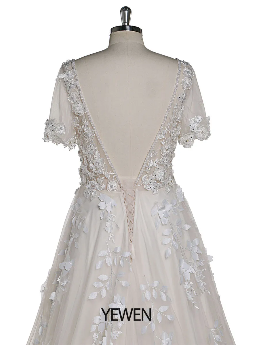 Light Champagne Ivory Lace Flower Bridal Gown V-Neck Luxury Wedding Dress Flower Lace Short Sleeve Wedding Guest Dress YEWEN