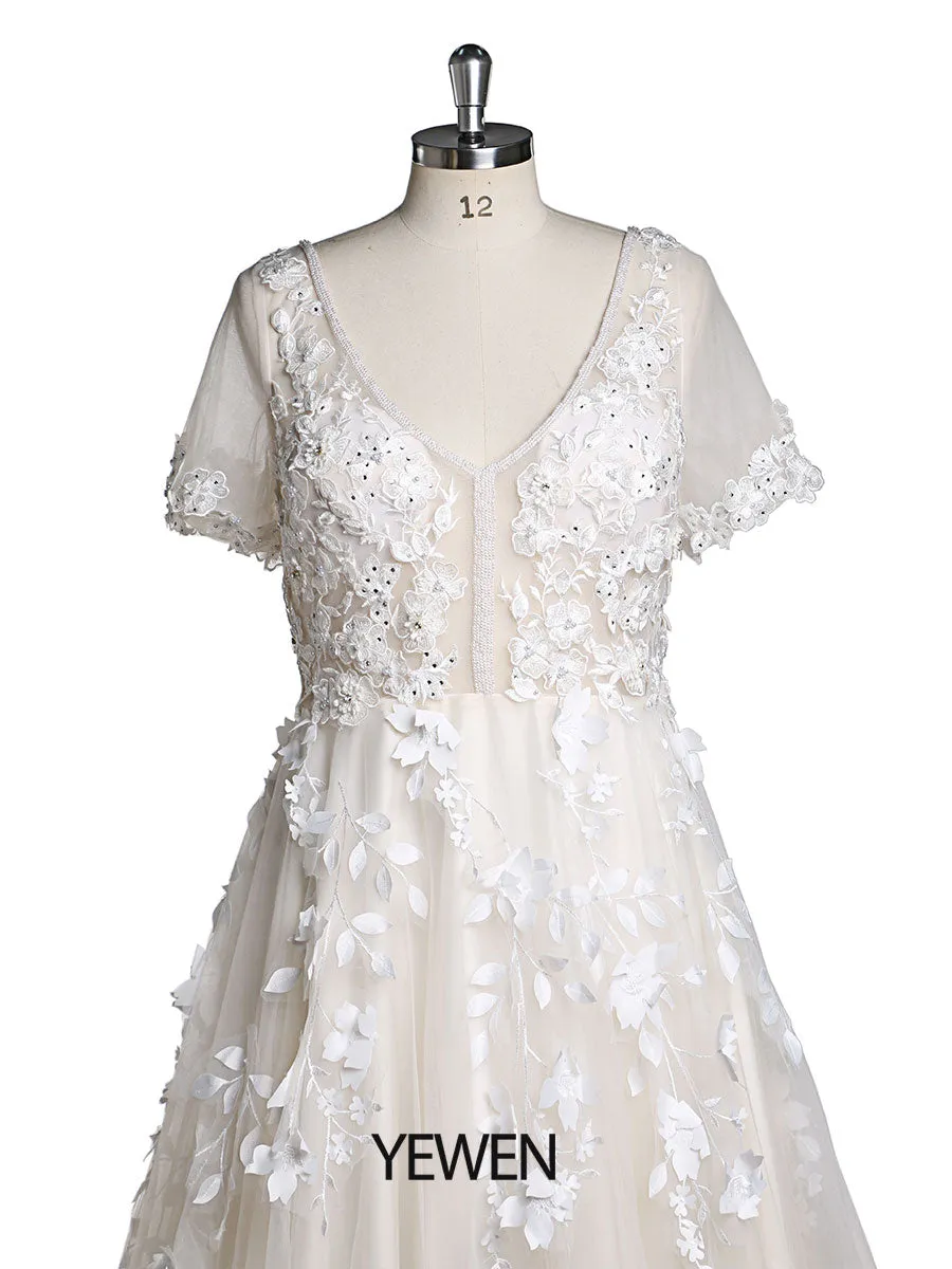 Light Champagne Ivory Lace Flower Bridal Gown V-Neck Luxury Wedding Dress Flower Lace Short Sleeve Wedding Guest Dress YEWEN