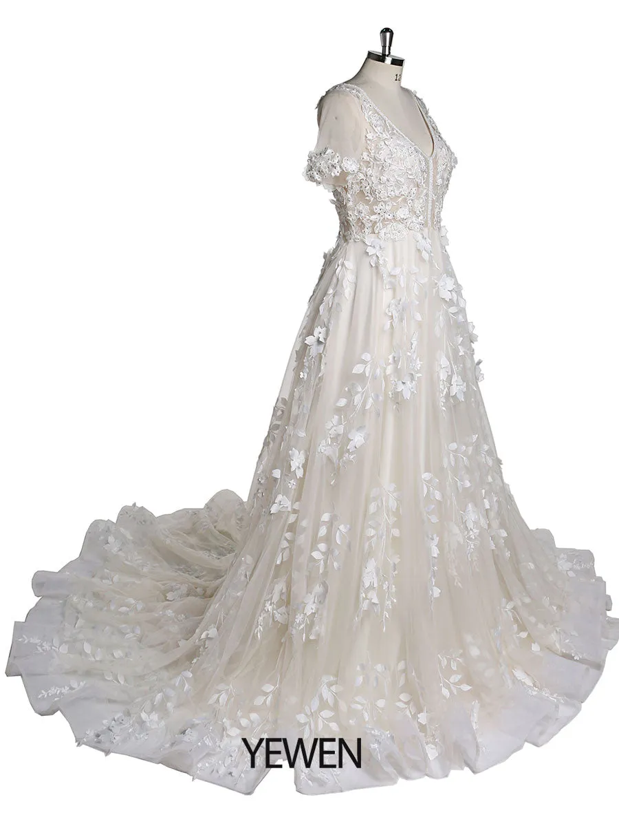 Light Champagne Ivory Lace Flower Bridal Gown V-Neck Luxury Wedding Dress Flower Lace Short Sleeve Wedding Guest Dress YEWEN