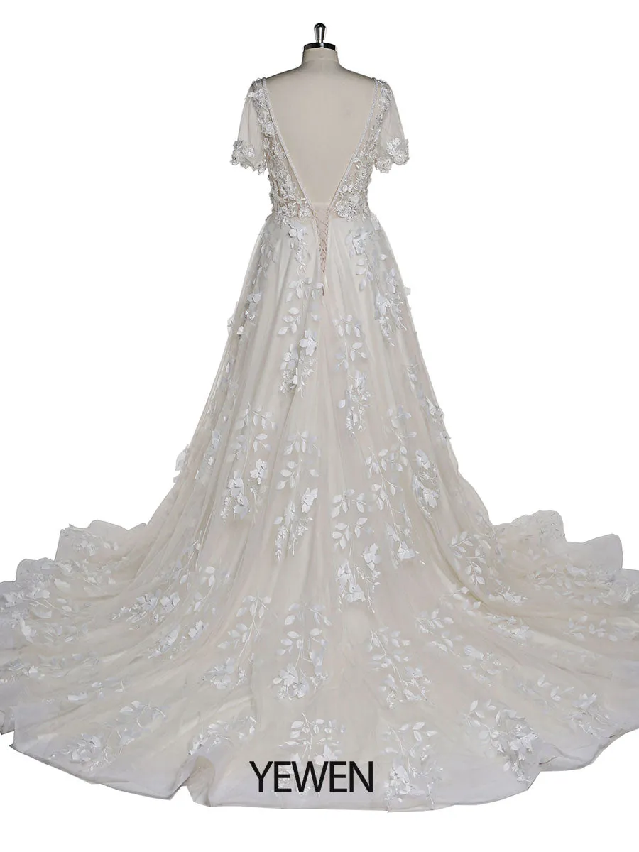 Light Champagne Ivory Lace Flower Bridal Gown V-Neck Luxury Wedding Dress Flower Lace Short Sleeve Wedding Guest Dress YEWEN