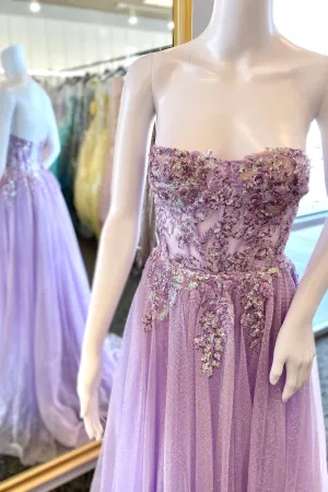 Lilac Strapless Appliques A-line Tulle Long Prom Dress
