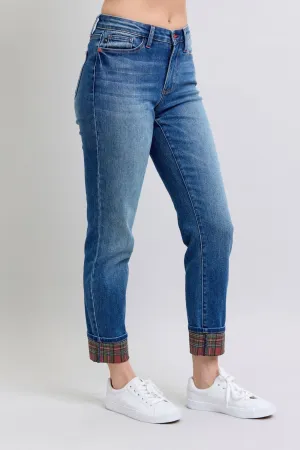 Logan Plaid Cuff Straight Leg Jeans - Medium Wash, Mid Waist by Judy Blue