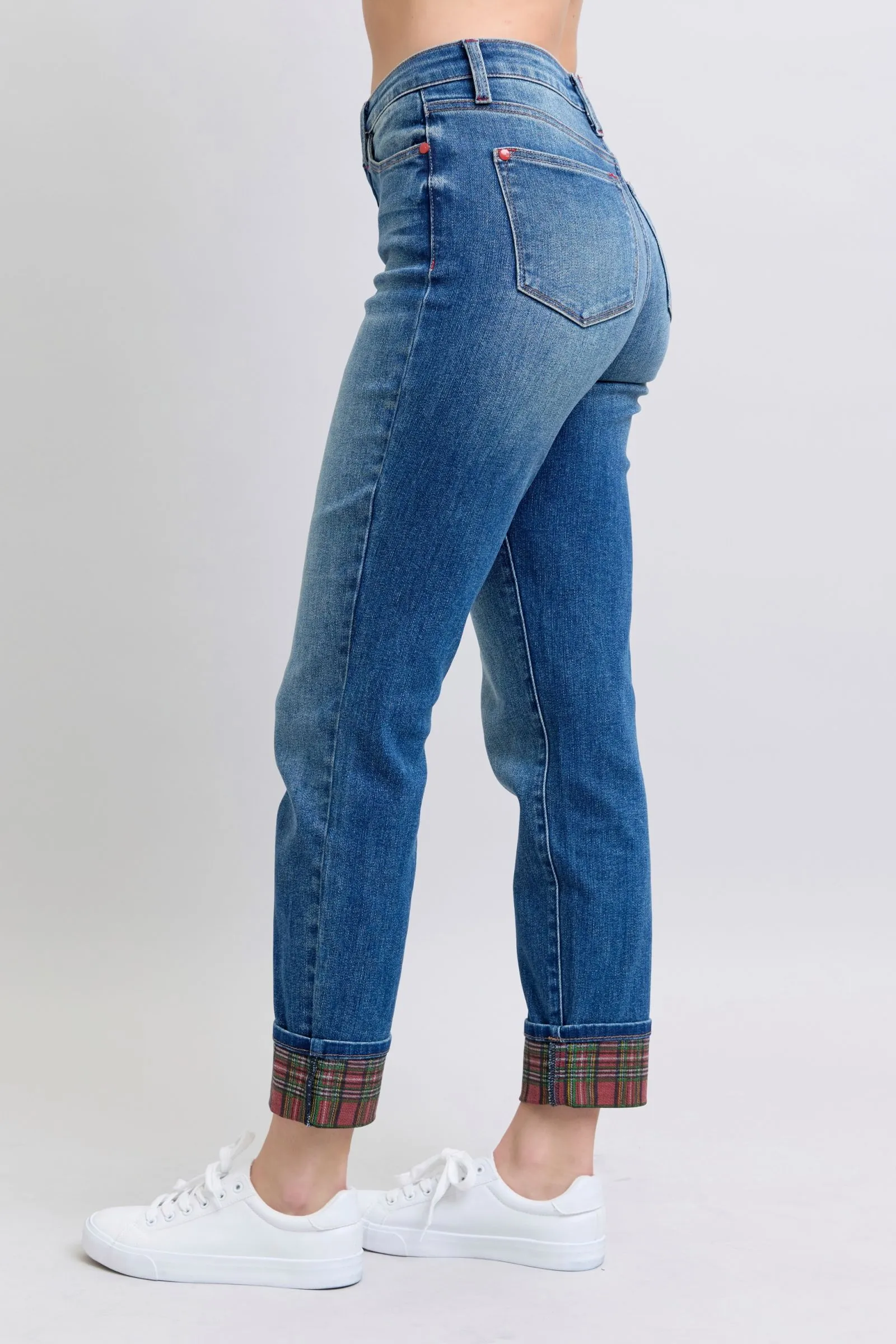 Logan Plaid Cuff Straight Leg Jeans - Medium Wash, Mid Waist by Judy Blue