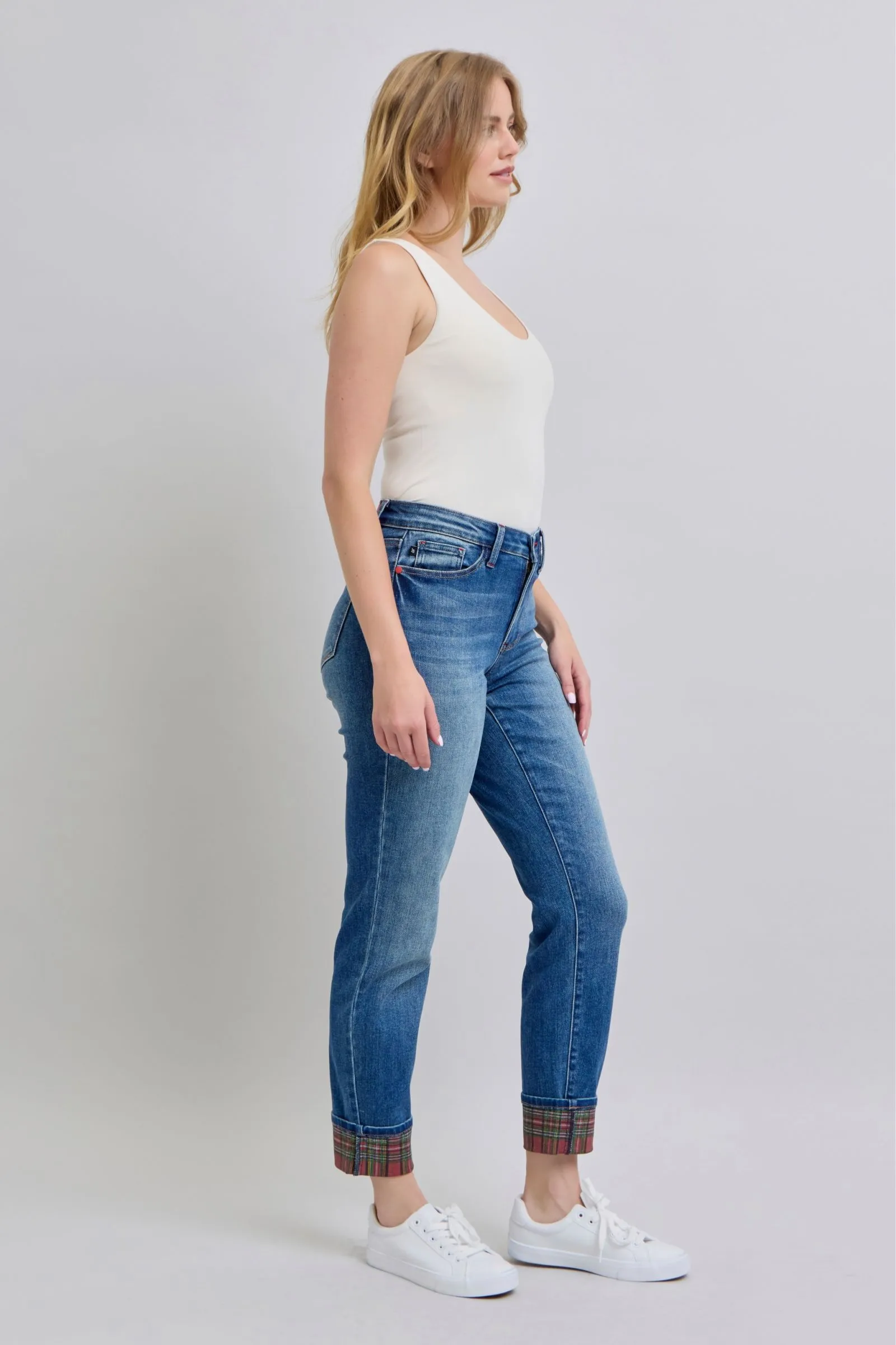 Logan Plaid Cuff Straight Leg Jeans - Medium Wash, Mid Waist by Judy Blue