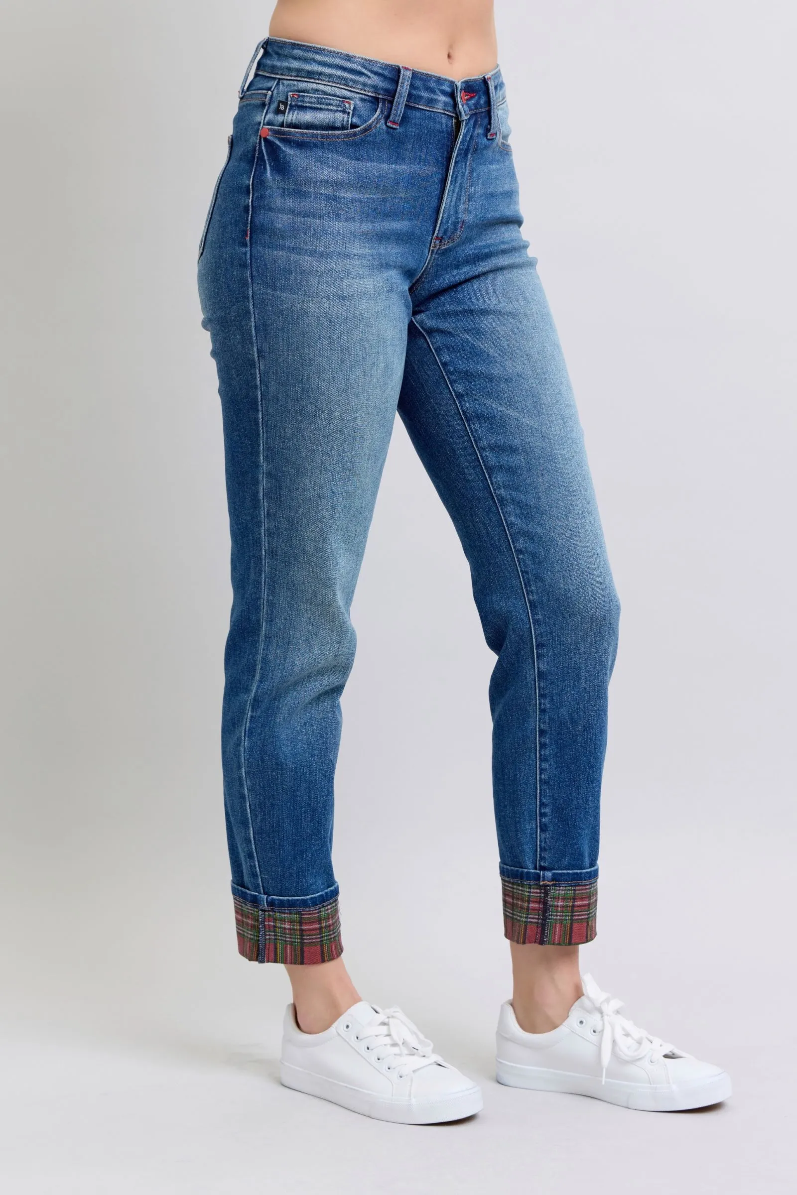 Logan Plaid Cuff Straight Leg Jeans - Medium Wash, Mid Waist by Judy Blue