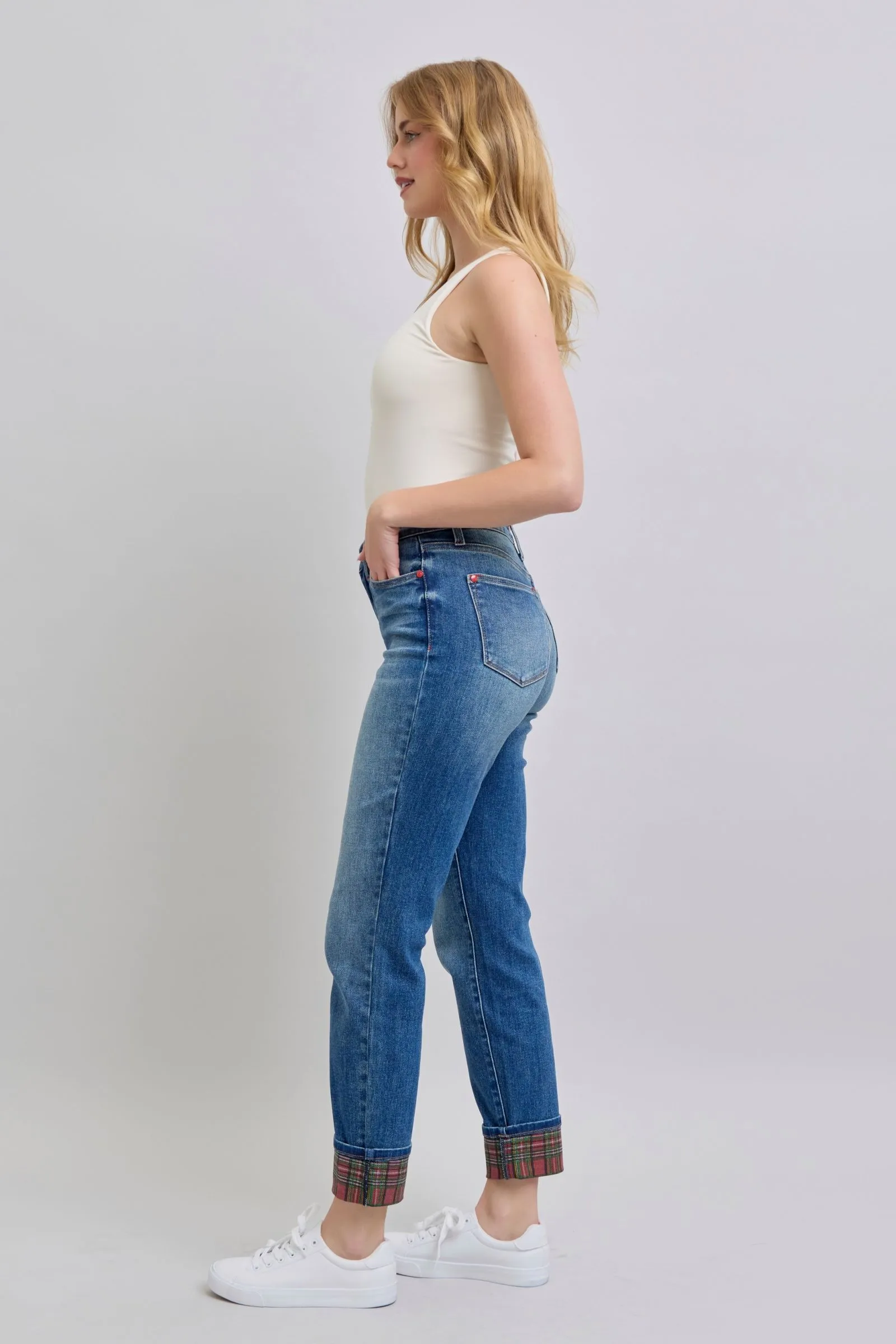 Logan Plaid Cuff Straight Leg Jeans - Medium Wash, Mid Waist by Judy Blue