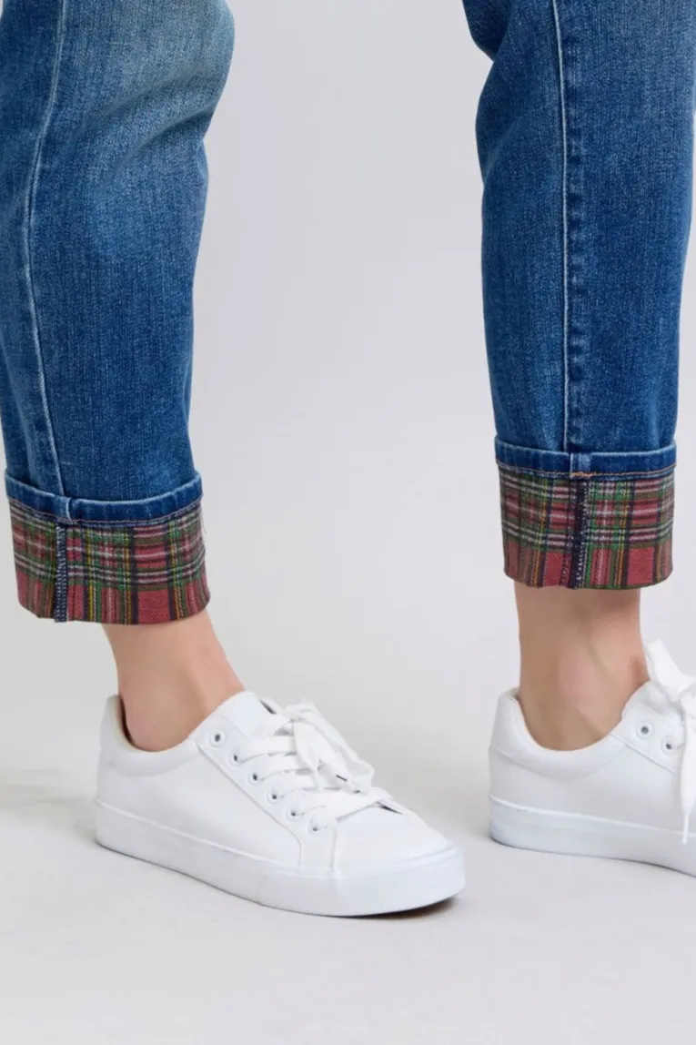 Logan Plaid Cuff Straight Leg Jeans - Medium Wash, Mid Waist by Judy Blue