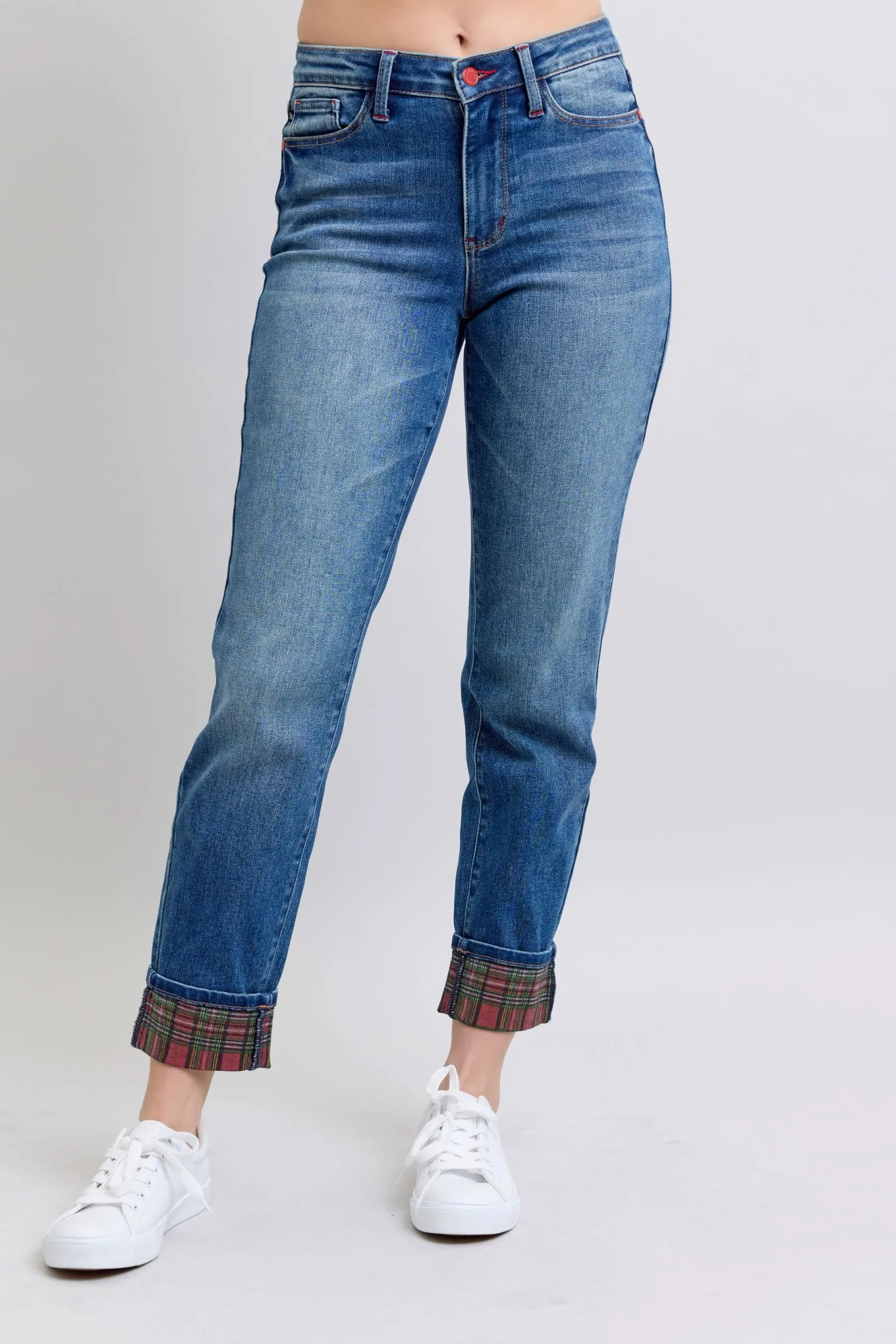 Logan Plaid Cuff Straight Leg Jeans - Medium Wash, Mid Waist by Judy Blue