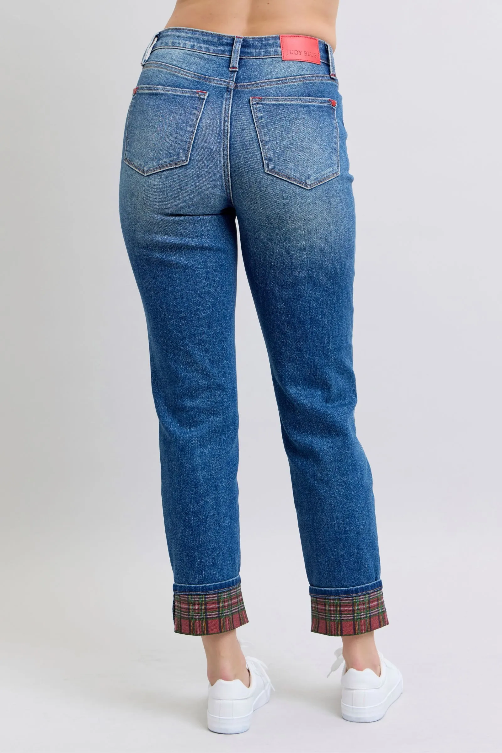 Logan Plaid Cuff Straight Leg Jeans - Medium Wash, Mid Waist by Judy Blue