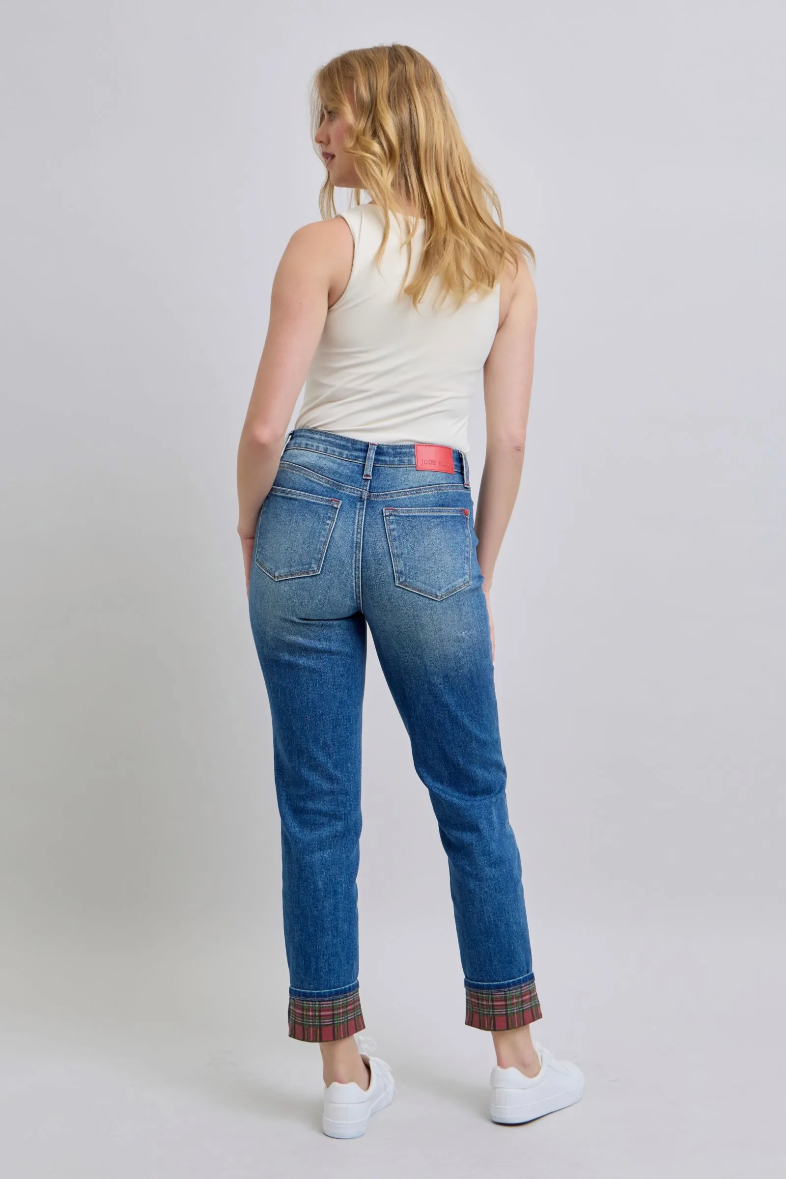 Logan Plaid Cuff Straight Leg Jeans - Medium Wash, Mid Waist by Judy Blue