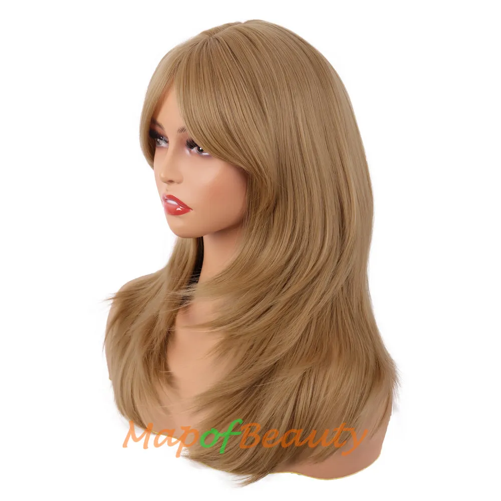 Long Layered Wigs With Bangs Straight Synthetic Fiber Shoulder Length Hair For Daily Party