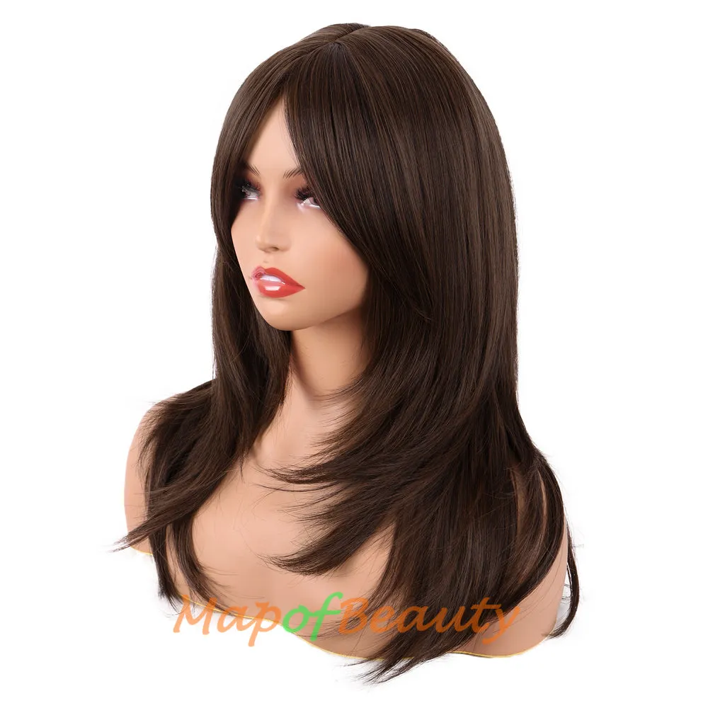 Long Layered Wigs With Bangs Straight Synthetic Fiber Shoulder Length Hair For Daily Party