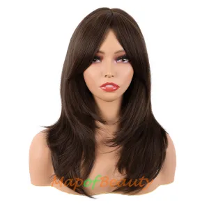 Long Layered Wigs With Bangs Straight Synthetic Fiber Shoulder Length Hair For Daily Party