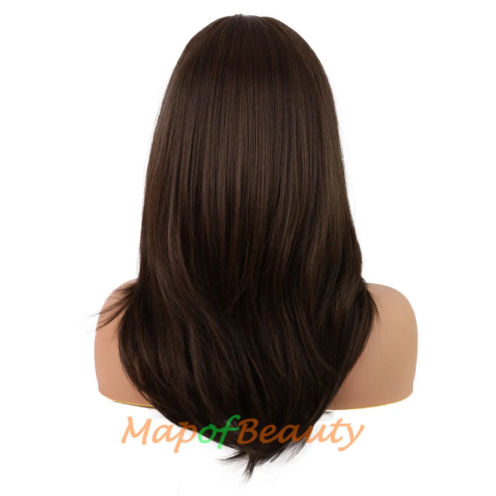 Long Layered Wigs With Bangs Straight Synthetic Fiber Shoulder Length Hair For Daily Party