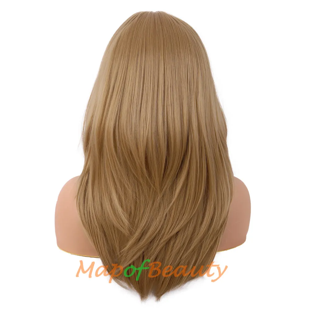 Long Layered Wigs With Bangs Straight Synthetic Fiber Shoulder Length Hair For Daily Party
