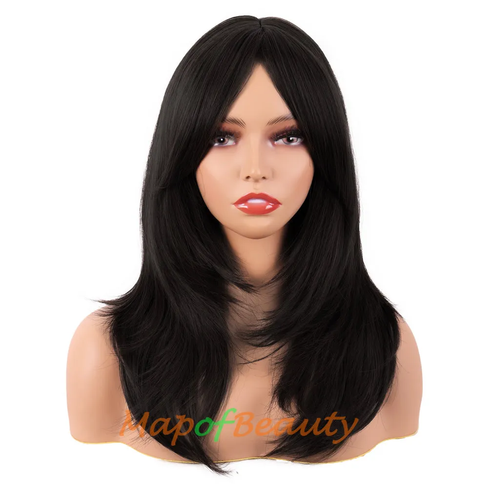 Long Layered Wigs With Bangs Straight Synthetic Fiber Shoulder Length Hair For Daily Party