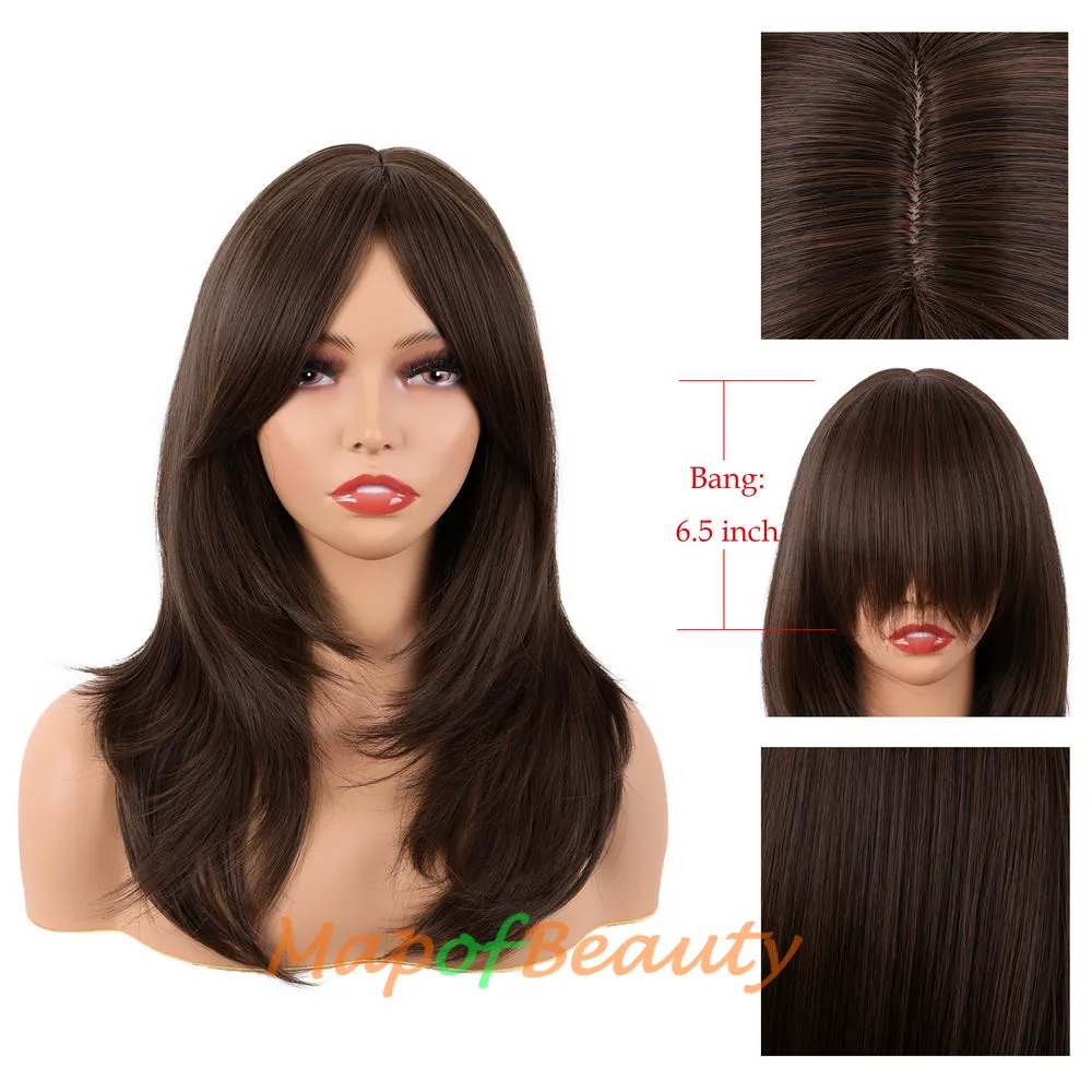 Long Layered Wigs With Bangs Straight Synthetic Fiber Shoulder Length Hair For Daily Party
