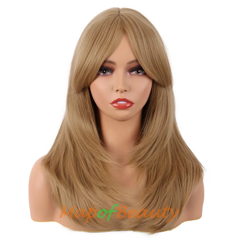 Long Layered Wigs With Bangs Straight Synthetic Fiber Shoulder Length Hair For Daily Party