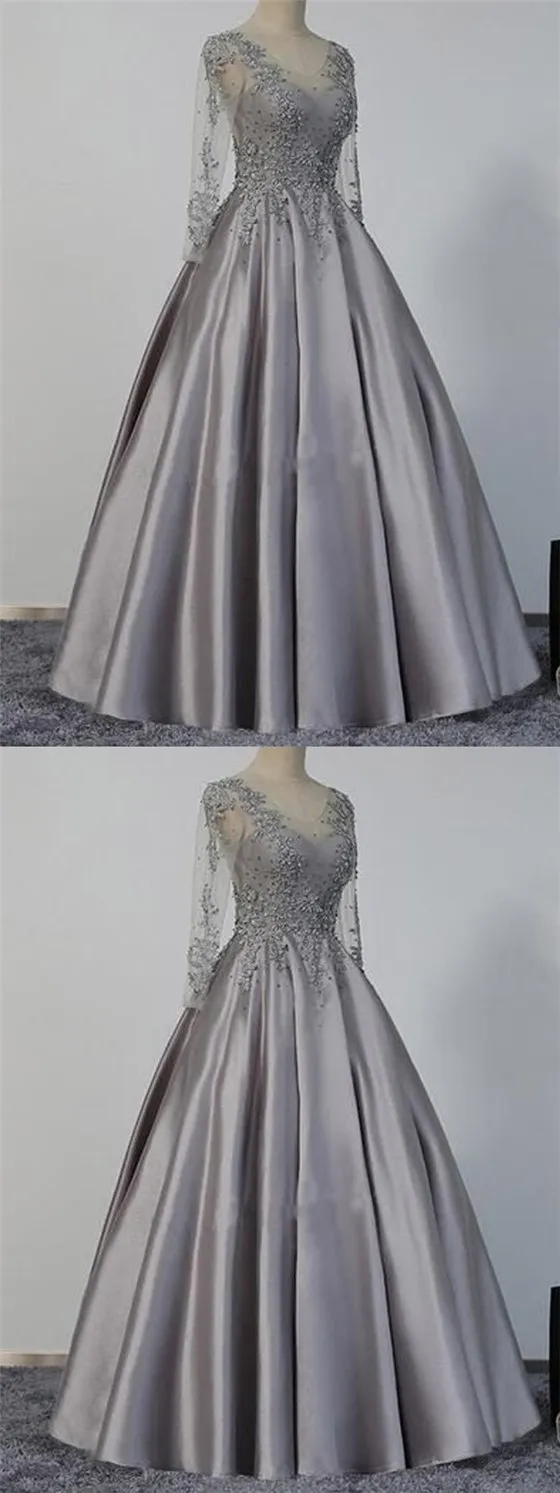 Long Sleeves Prom Dresses, Grey Prom Dresses, Satin Prom Dresses, Beaded Prom Dresses, BG0431