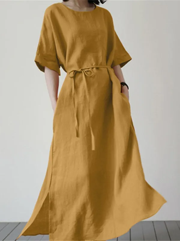 Loose Fit Cotton Linen Dress with Belt and Side Slit