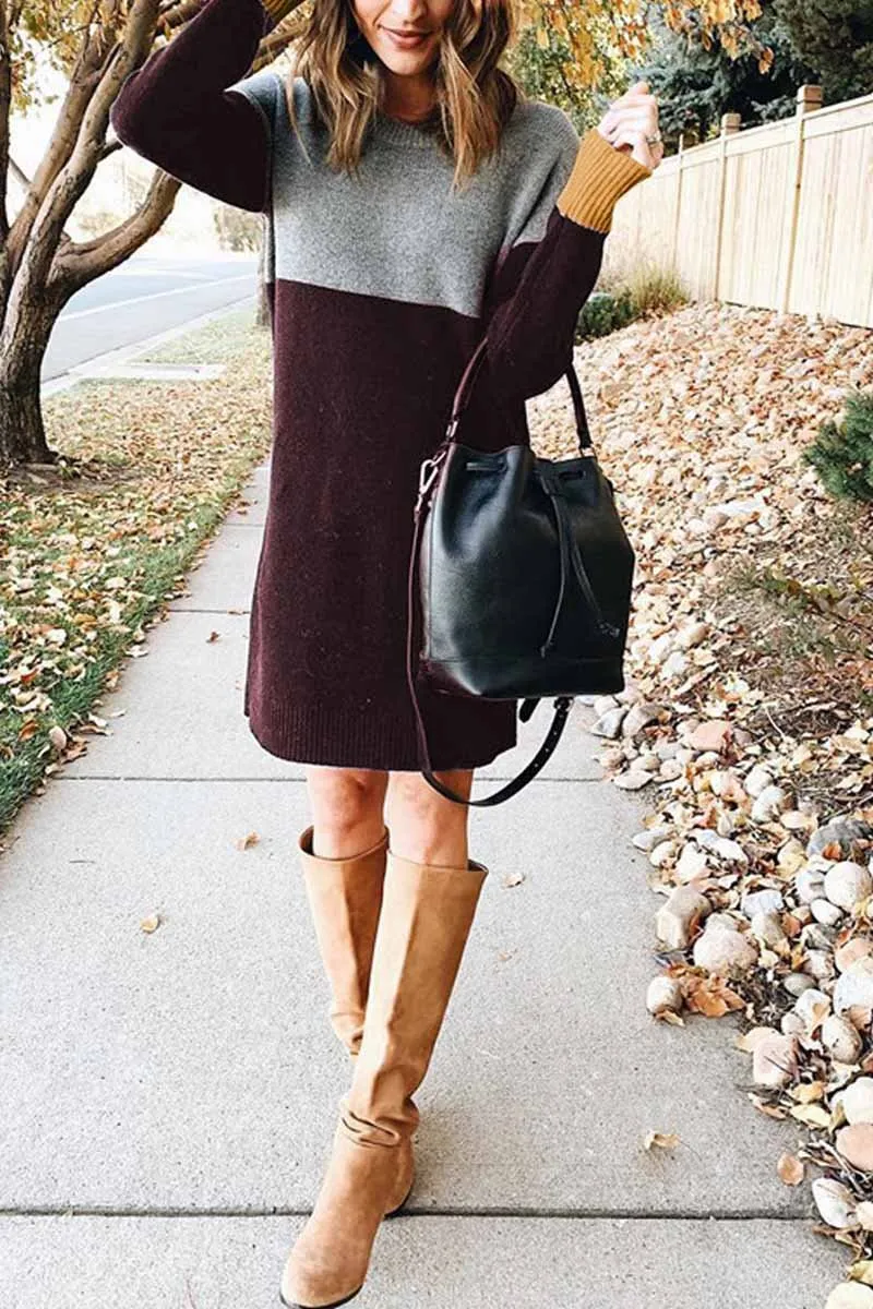 Loose Round Neck Paneled Dress(5 Colors)