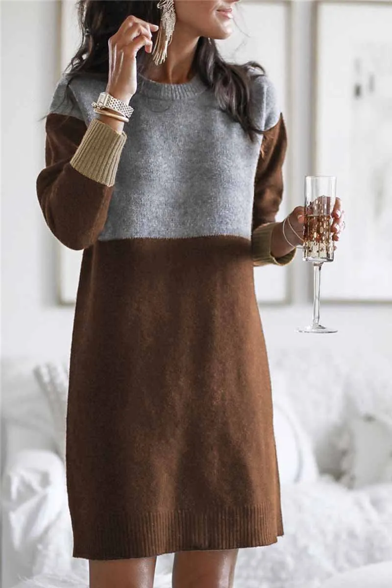Loose Round Neck Paneled Dress(5 Colors)