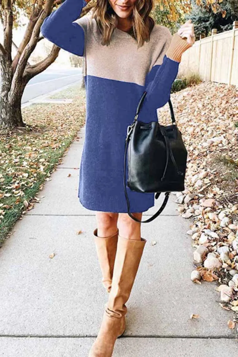 Loose Round Neck Paneled Dress(5 Colors)