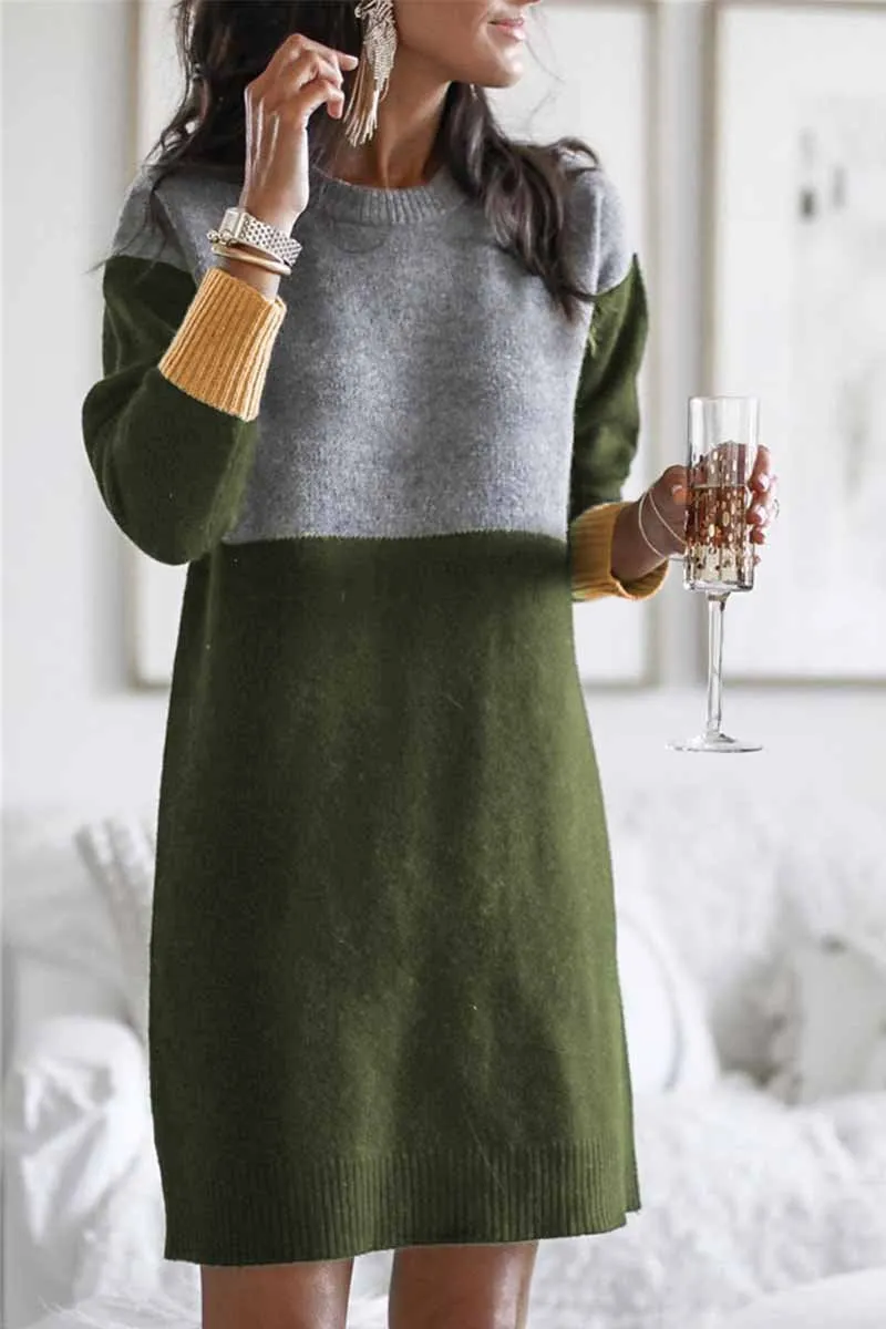Loose Round Neck Paneled Dress(5 Colors)