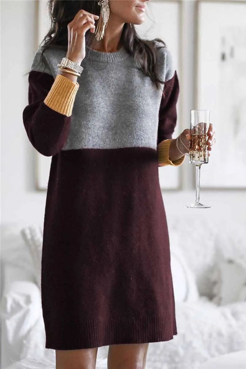 Loose Round Neck Paneled Dress(5 Colors)