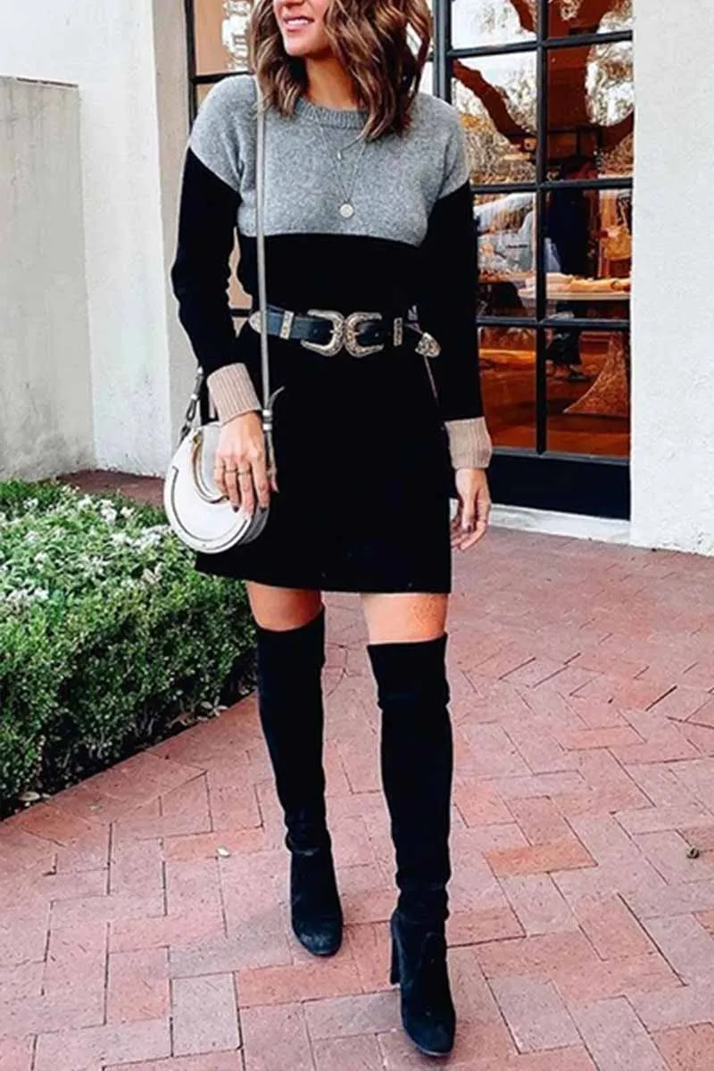 Loose Round Neck Paneled Dress(5 Colors)