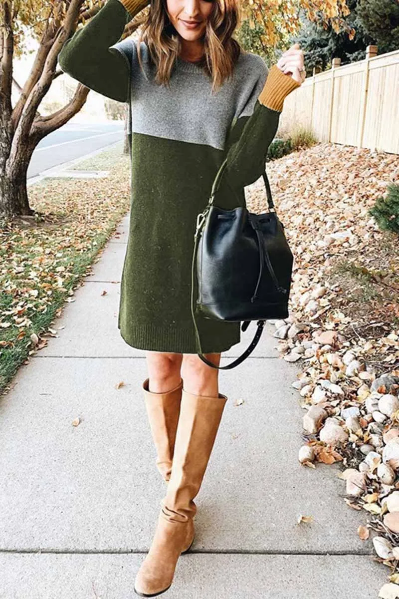 Loose Round Neck Paneled Dress(5 Colors)