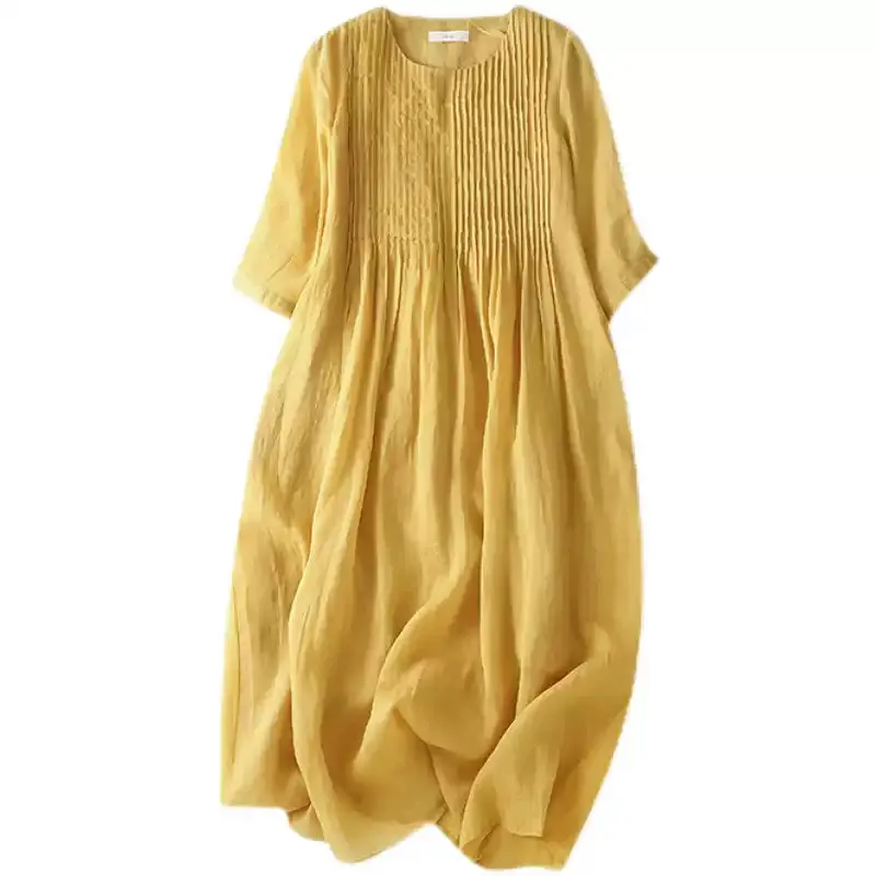 Loose Yellow Wrinkled Cotton Shirts Dress Summer