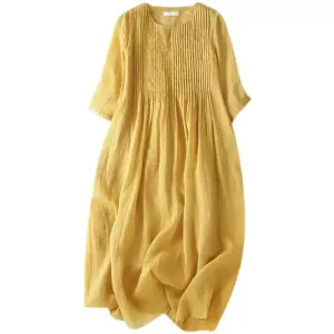 Loose Yellow Wrinkled Cotton Shirts Dress Summer