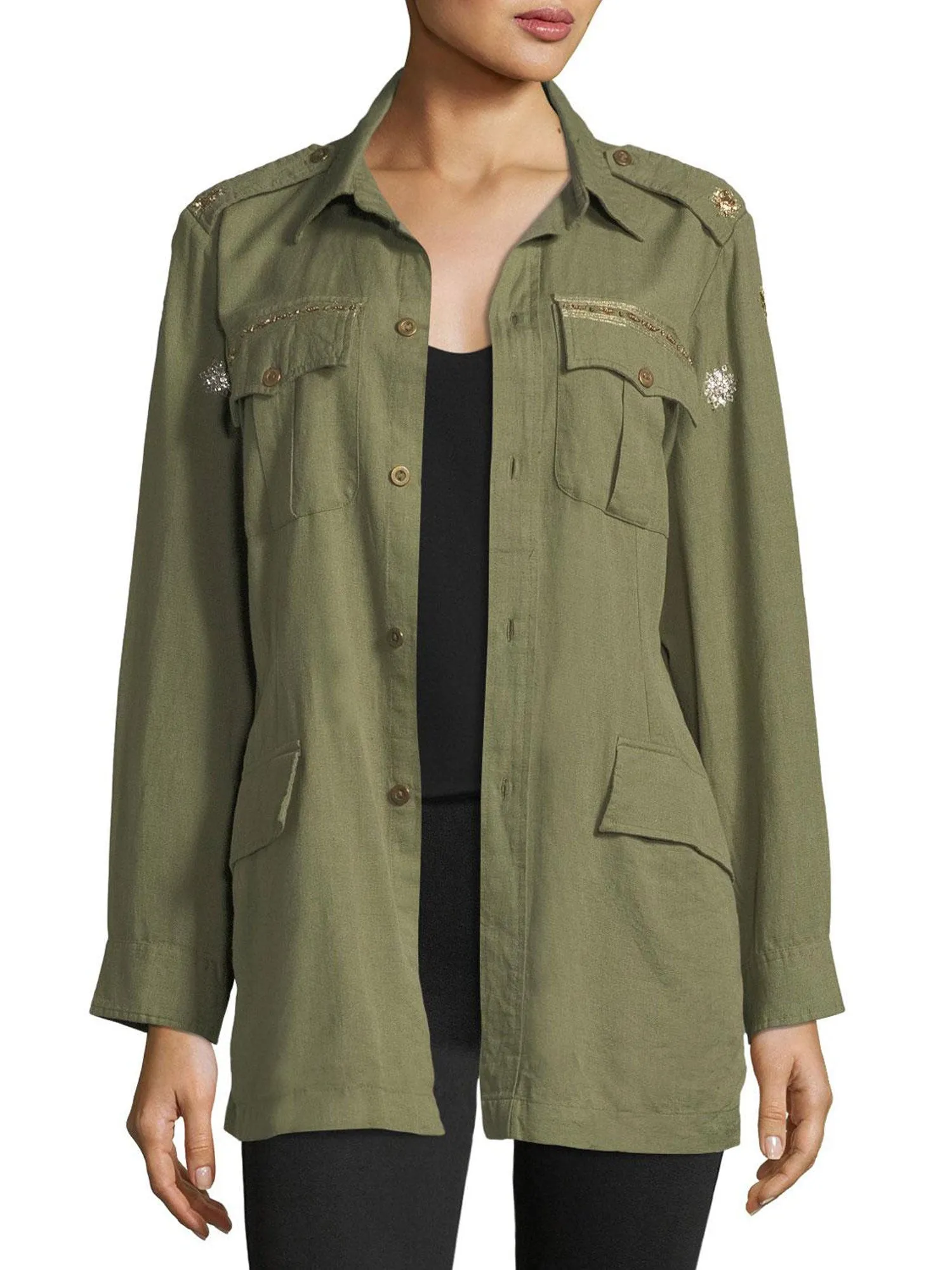 LOVESHACKFANCY Women's Army Green Marrakesh Beading Army Jacket $265 NWT