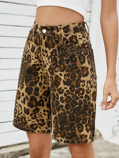 Luipaard denim shorts met hoge taille