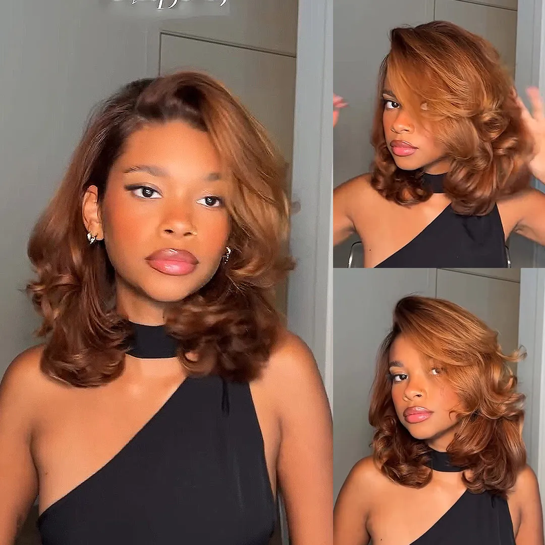 Luxurious Layered Short Ombre Light Brown Glueless 5x5 Lace Closure Wig
