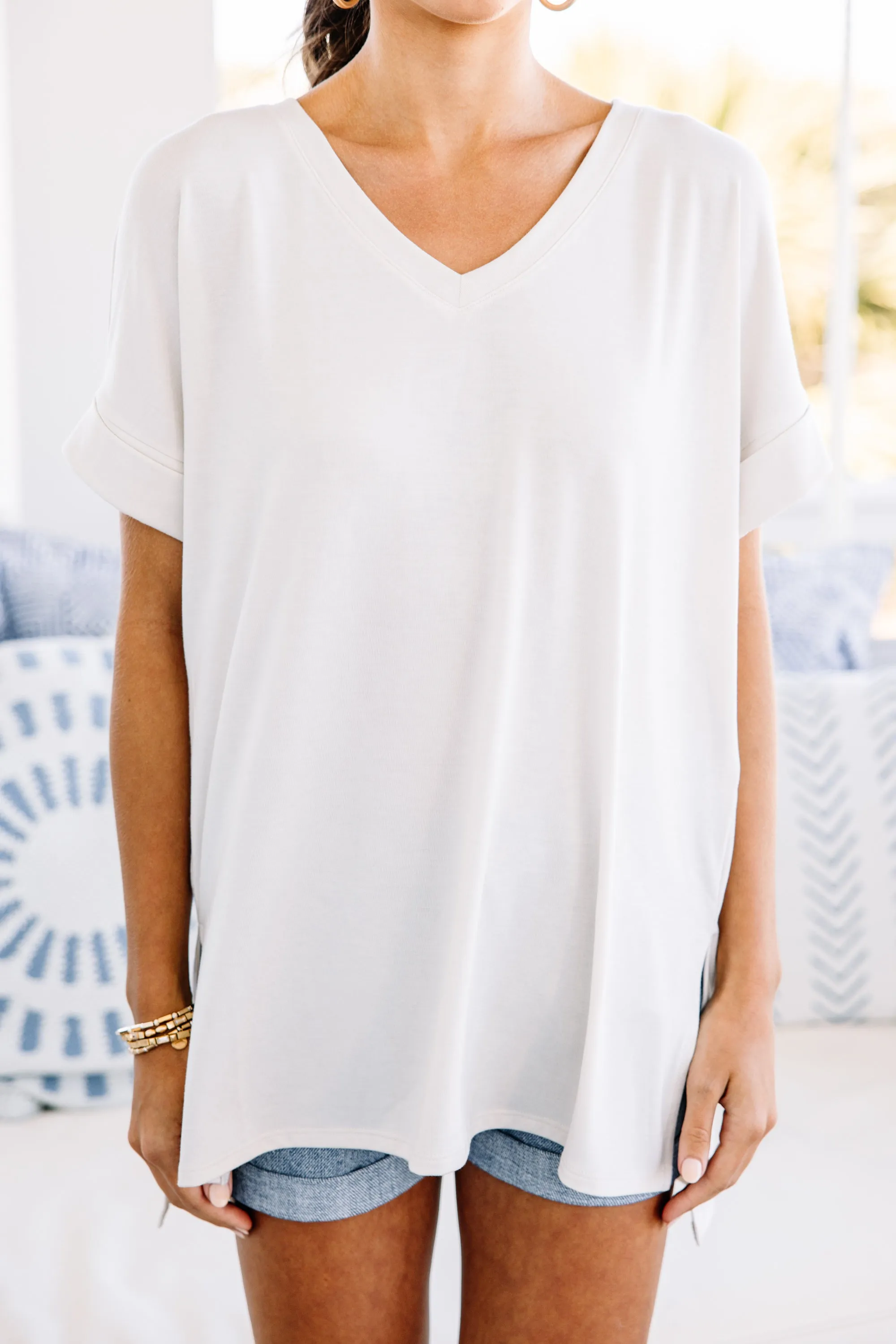 Make Your Life Easy Bone White V-neck Top